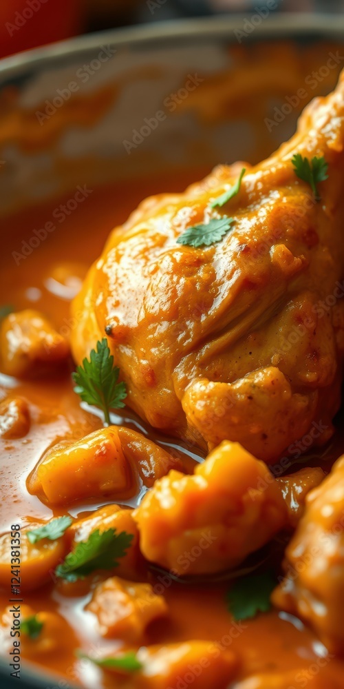 Savory chicken dish with aromatic spices and vegetables in rich sauce Savory chicken dish with aromatic spices and vegetables in rich sauce