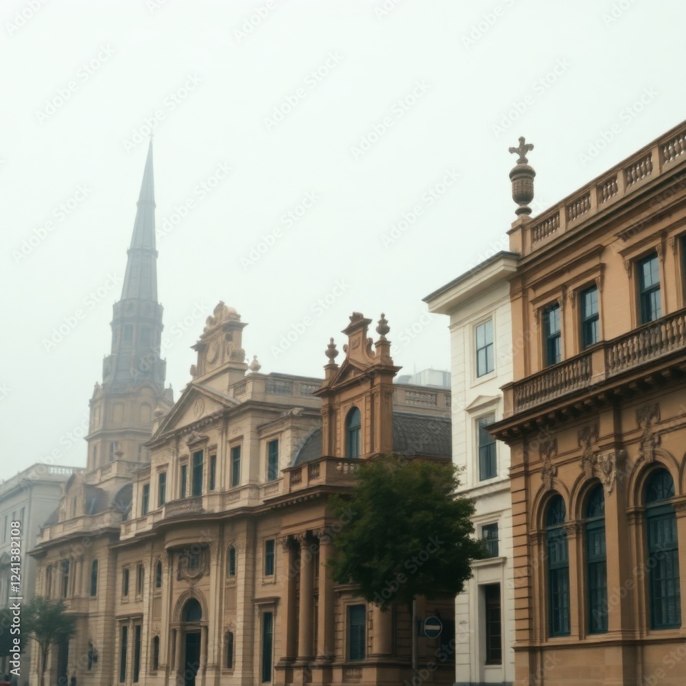 Fototapeta premium Elegant European Architecture in Foggy Cityscape