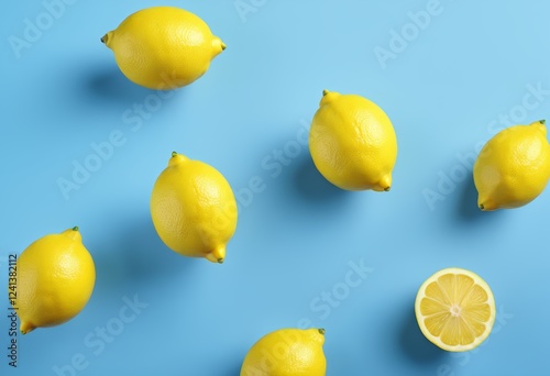 Lemon yellow fruit on blue background with reproduction space