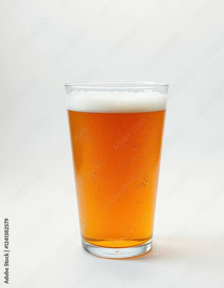 A tall glass of light amber-colored beer with a thick head of foam rests on a plain white background