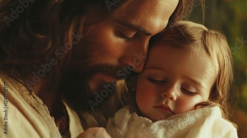 A tender representation of jesus offering comfort and divine peace to a cherubic infant
