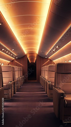 Luxurious airplane interior featuring spacious seating, ambient lighting, and a serene atmosphere