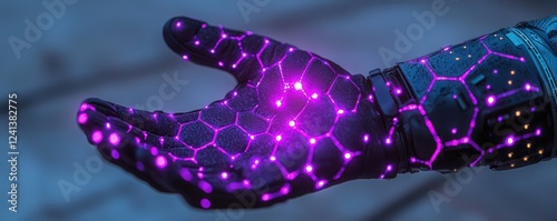 Futuristic glove glowing with hexagonal purple and blue lights photo