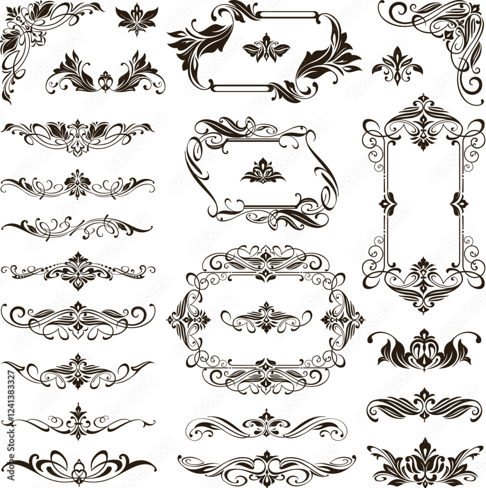 Vintage design lace borders monogram logo and corners, dividers Vector set art deco floral ornaments elements