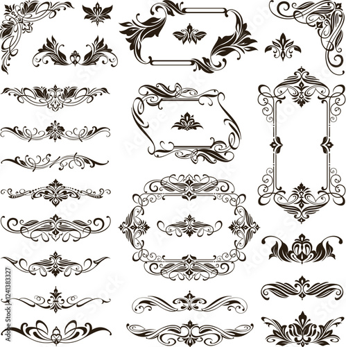 Vintage design lace borders monogram logo and corners, dividers Vector set art deco floral ornaments elements