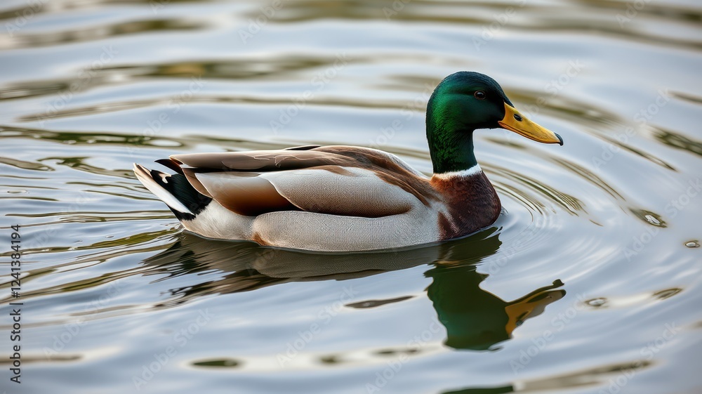 Mallard duck swimming gracefully in a tranquil pond at sunrise creating ripples in the water Mallard duck swimming gracefully in a tranquil pond at sunrise creating ripples in the water