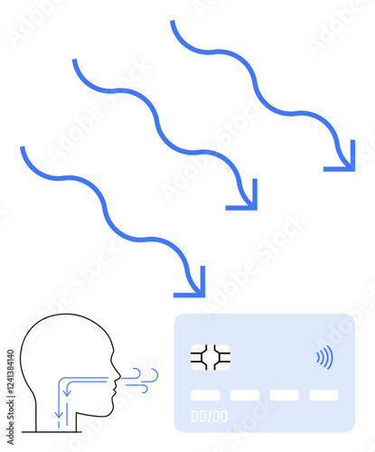 Human breath airflow directed toward smart credit card for biometric recognition. Ideal for technology, biometrics, security, payment systems, innovation, digital banking, abstract line flat metaphor