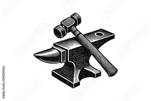 Vintage blacksmith anvil and hammer icon in flat engraving style