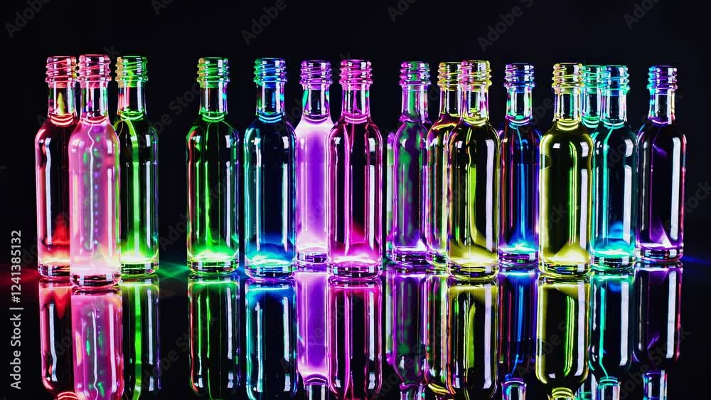 Studio shot of a row of small colorful neon lit glass bottles with reflections on a dark surface, creating a vibrant and festive atmosphere Studio shot of a row of small colorful neon lit glass bottles with reflections on a dark surface, creating a vibrant and festive atmosphere