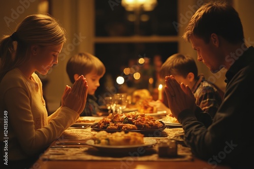 Family gathered around table, praying before meal photo