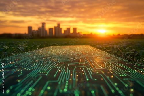 Futuristic circuit board pathway at sunset leading to city skyline