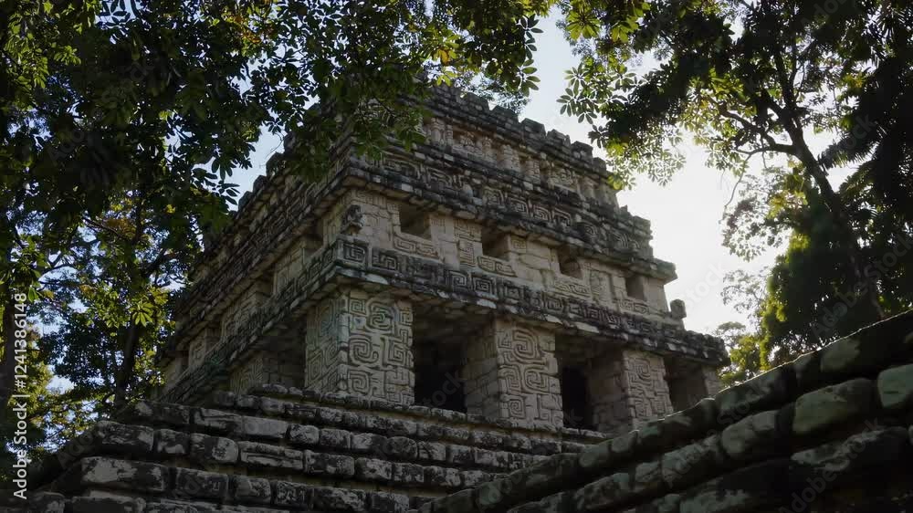 Sunlight illuminating intricate stone carvings and architectural details of a mayan temple at ek balam, partially hidden by dense jungle foliage, evokes ancient mystery and natural beauty Sunlight illuminating intricate stone carvings and architectural details of a mayan temple at ek balam, partially hidden by dense jungle foliage, evokes ancient mystery and natural beauty