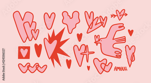 Various unique pink Hearts. Doodle, simple, cool, modern style. Hand drawn trendy Vector illustration. All elements are isolated. Symbol of love, Valentine's Day, romance, affair. Print, card template