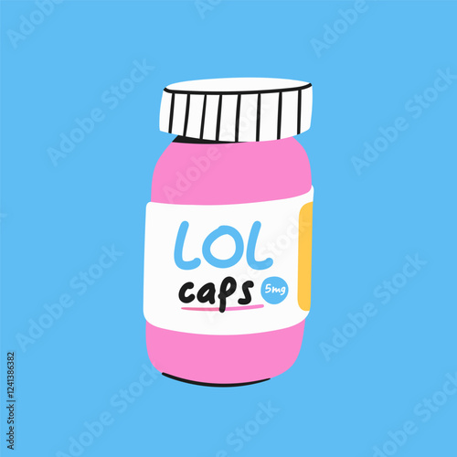 Lol caps. Medical capsule bottle. Pills, drugs, vitamins, pharmacy, pharmaceutics, hospital, health care concept. Hand drawn trendy Vector illustration. Isolated design element. Poster, print template