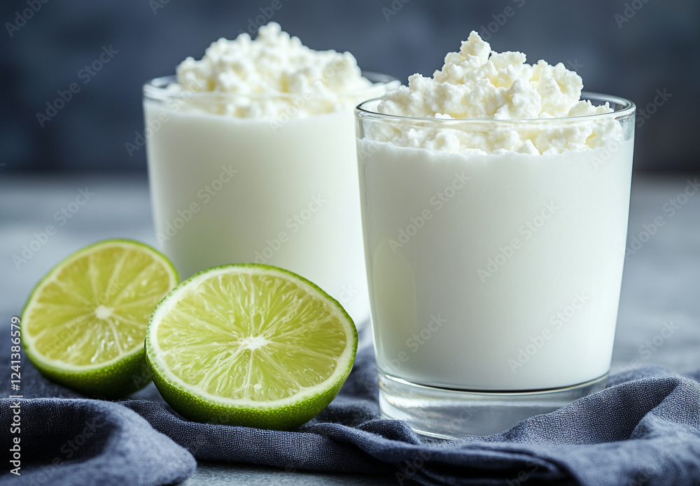 Two Glasses of Fresh Milk with Lime Garnish Two Glasses of Fresh Milk with Lime Garnish