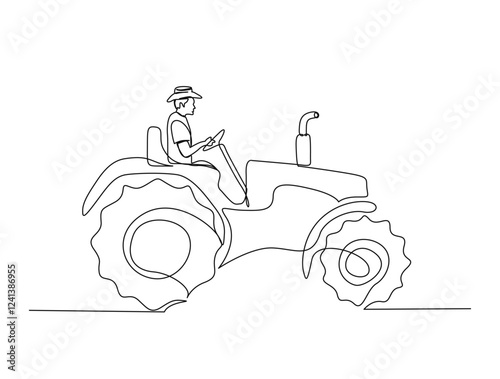 Continuous one line drawing of farmer tractor vehicle. Agricultural tractor in single line draw illustration. Editable stroke.