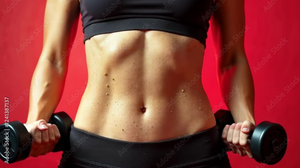 A woman is holding two dumbbells in her hands and has a flat stomach. Concept of fitness and strength A woman is holding two dumbbells in her hands and has a flat stomach. Concept of fitness and strength