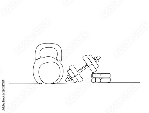 Continuous one line drawing of dumbbell fitness and gym equipment. Kettlebell and dumbbell  in single line draw illustration. Editable stroke.