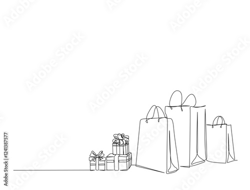 Continuous one line drawing of shopping bag and gift box. Paper bags in single line draw illustration. Editable stroke.