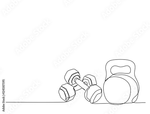 Continuous one line drawing of dumbbell fitness and gym equipment. Kettlebell and dumbbell  in single line draw illustration. Editable stroke.
