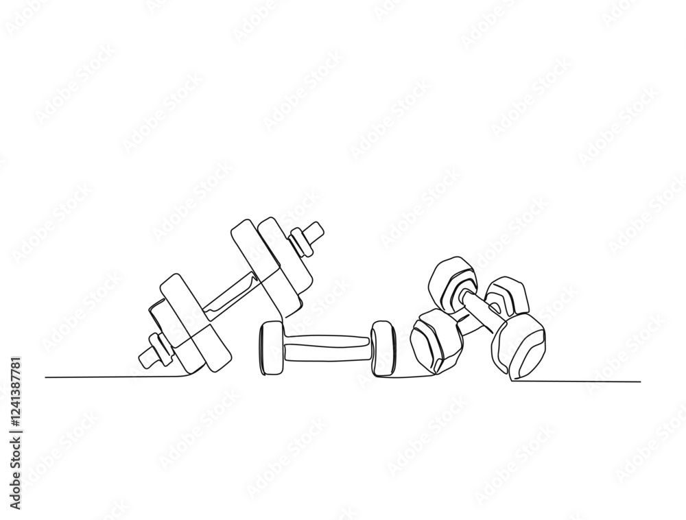Continuous one line drawing of dumbbell fitness and gym equipment. Kettlebell and dumbbell in single line draw illustration. Editable stroke. Continuous one line drawing of dumbbell fitness and gym equipment. Kettlebell and dumbbell in single line draw illustration. Editable stroke.