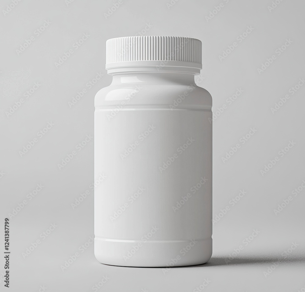 3D rendering of a white plastic supplement bottle mockup on a grey background with a clipping path, close-up view. 8K, high resolution, high quality. 