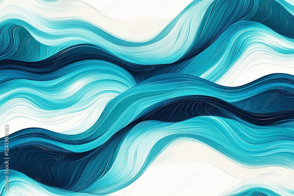 Fototapeta premium Dynamic abstract waves in soothing blue and teal shades create a modern fluid design on a white background