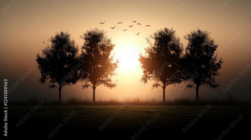 Obraz premium Serene sunset with silhouetted trees and birds flying over a tranquil landscape