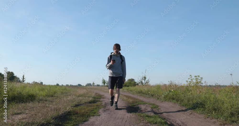 Caucasian Man Walks With Smartphone Near River. Hiking on Nature. Slow motion 60fps 4K 10-bit Caucasian Man Walks With Smartphone Near River. Hiking on Nature. Slow motion 60fps 4K 10-bit