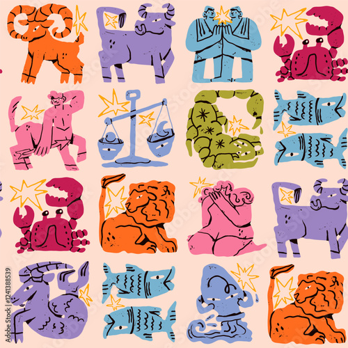 Astrological zodiac signs. Aries, Taurus, Leo, Gemini, Virgo, Scorpio, Libra, Aquarius, Sagittarius, Pisces, Capricorn, Cancer. Cartoon unique modern style. Hand drawn Vector seamless Pattern