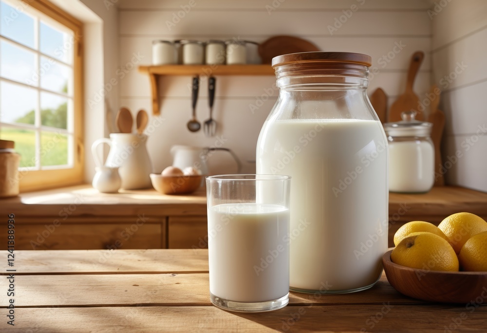 The milk container was placed on a wooden table in a sunny country kitchen The milk container was placed on a wooden table in a sunny country kitchen