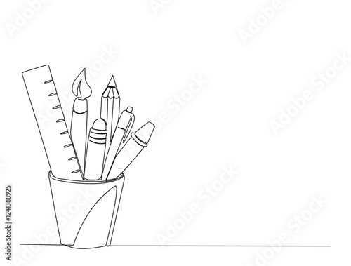 Continuous one line drawing of pen, ruler, pencil and brush in the glass. Education equipment in single line draw illustration. Editable stroke.