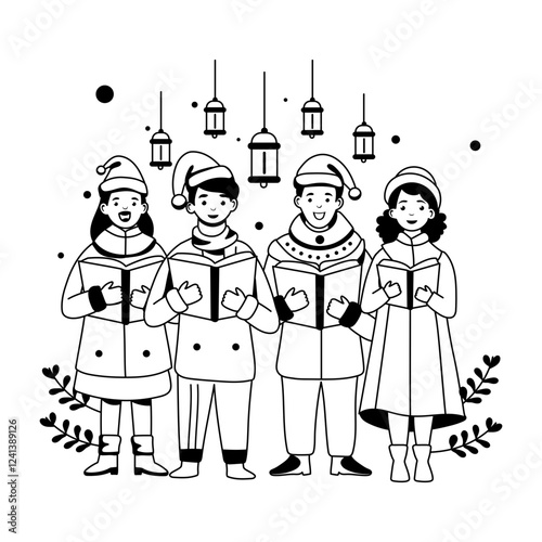 A glyph character illustration showing people singing christmas song 
