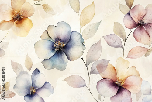 Wallpaper Mural Soft pastel watercolor flowers with delicate leaves on light beige background create an elegant artistic pattern Torontodigital.ca