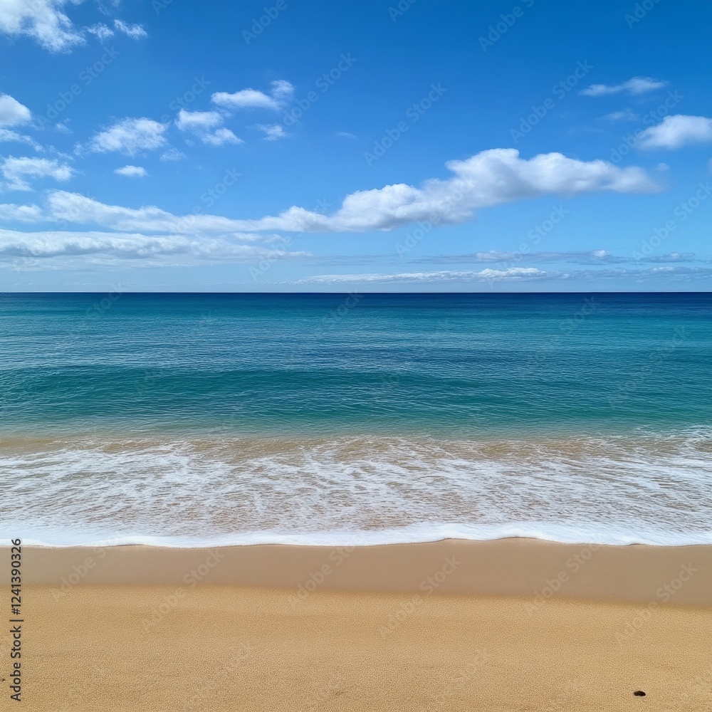 Serene beach with blue sky and gently rolling waves on golden sand shoreline Serene beach with blue sky and gently rolling waves on golden sand shoreline
