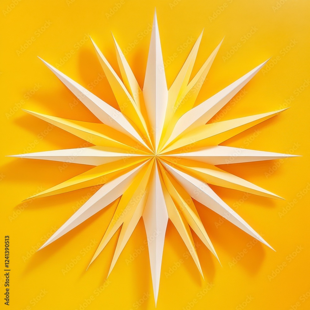 Radiant Yellow and White Paper Star Decoration. A captivating paper star, crafted with vibrant yellow and white paper, radiates a cheerful ambiance. Perfect for home decor or parties. Radiant Yellow and White Paper Star Decoration. A captivating paper star, crafted with vibrant yellow and white paper, radiates a cheerful ambiance. Perfect for home decor or parties.