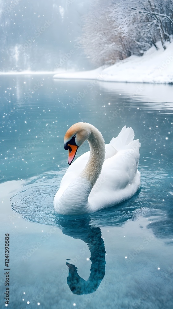 Obraz premium 8. A beautiful white swan swimming in a crystal-clear lake surrounded by snow