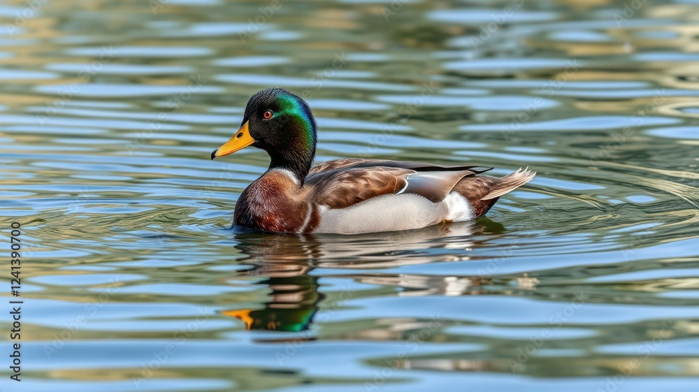 Colorful mallard duck swimming in clear water reflecting natural surroundings Colorful mallard duck swimming in clear water reflecting natural surroundings
