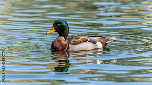 Colorful mallard duck swimming in clear water reflecting natural surroundings
