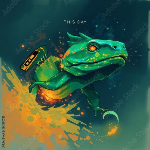 Green Lizard Space Surfing Artwork Digital Painting