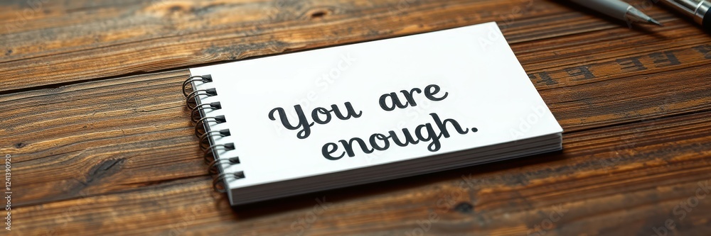 Motivation note on a wooden table encouraging self-worth during a creative workspace session Motivation note on a wooden table encouraging self-worth during a creative workspace session