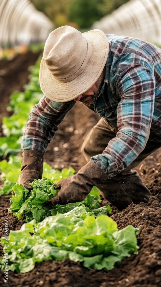 Fototapeta premium Farmer planting lettuce in a field, greenhouse background, agriculture