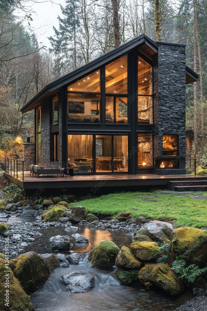 Modern cabin in the forest with glass walls and a flowing creek