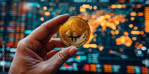 Mano sosteniendo una criptomoneda y al fondo una pantalla con luces