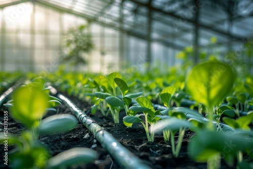Lush green seedlings in sunlit greenhouse