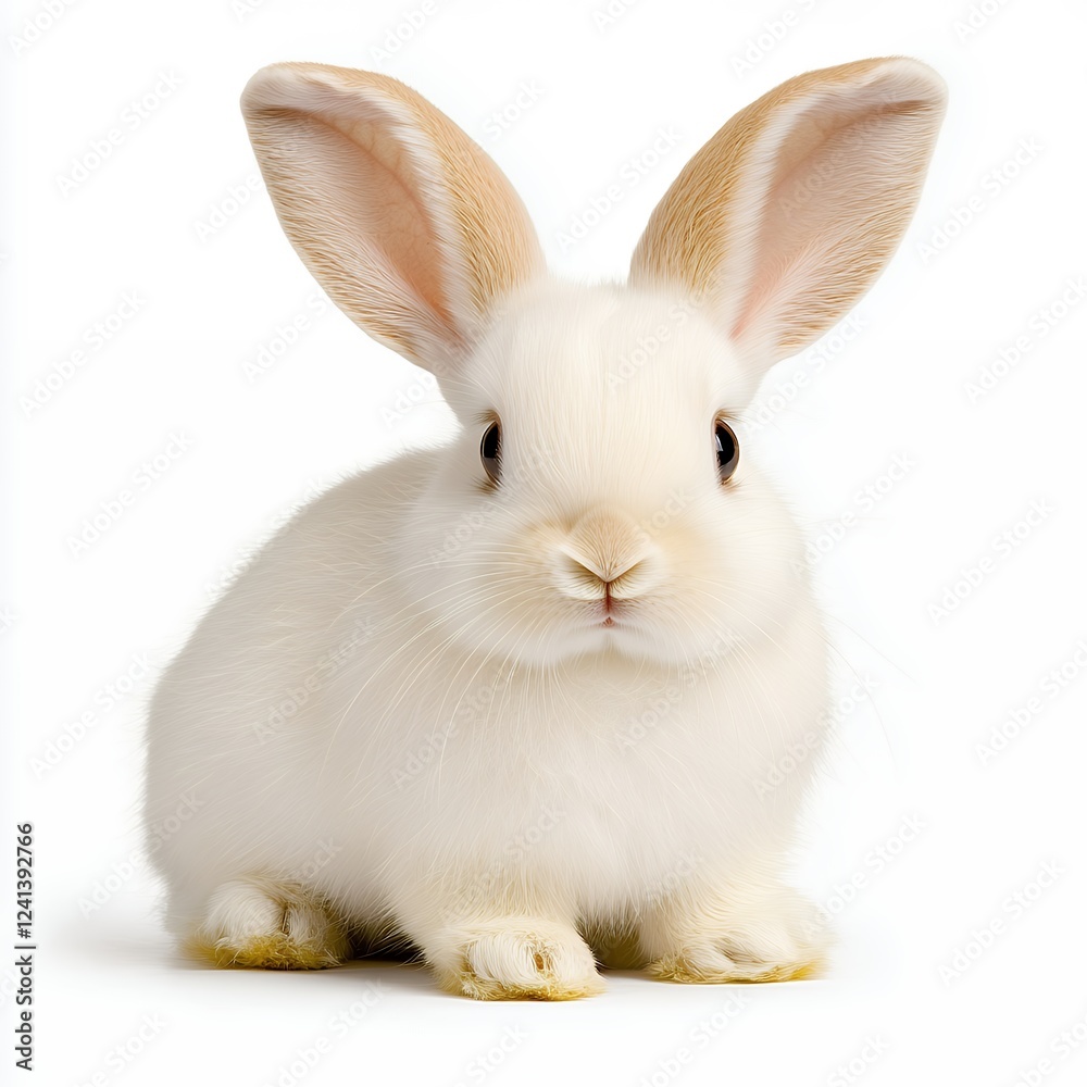 Fototapeta premium Adorable White Rabbit with Soft Fur and Large Ears Sitting Against a White Background