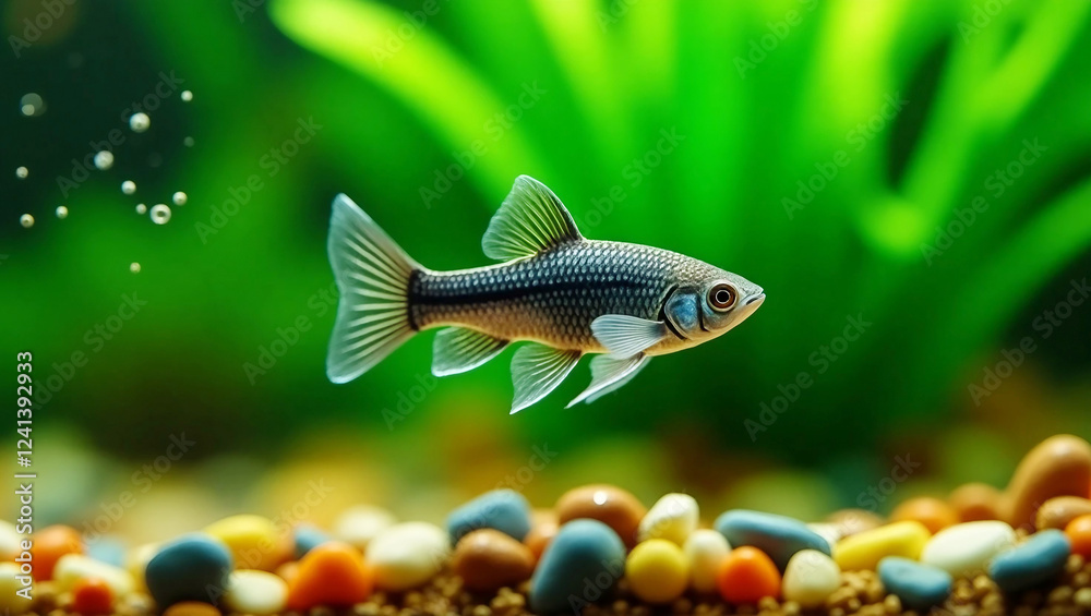 Fototapeta premium A beautiful Molly fish with a sleek, silvery-black body and delicate, flowing fins swims peacefully