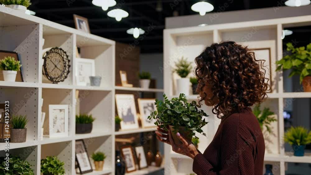 Woman with curly hair holding a potted plant, surrounded by shelves filled with greenery and decorative items, creating a cozy and stylish home atmosphere focused on nature and design Woman with curly hair holding a potted plant, surrounded by shelves filled with greenery and decorative items, creating a cozy and stylish home atmosphere focused on nature and design