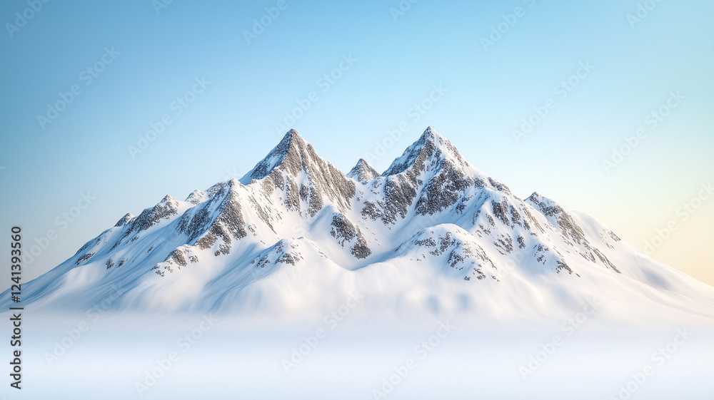 Obraz premium Snow covered mountain range with sharp peaks under clear blue sky, creating serene and majestic landscape. scene evokes sense of tranquility and natural beauty