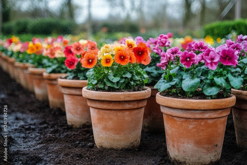 Multicolored primroses thriving in terracotta pots, filling a greenhouse with vibrant hues Multicolored primroses thriving in terracotta pots, filling a greenhouse with vibrant hues